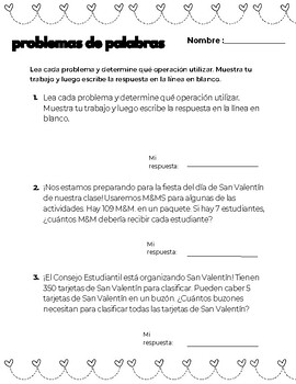 Preview of Spanish Valentines Math Word Problems Worksheet- Multiplication & Division