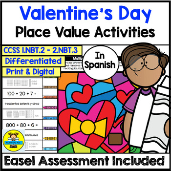 Preview of Spanish Valentines Place Value Math Activities and Digital Assessment