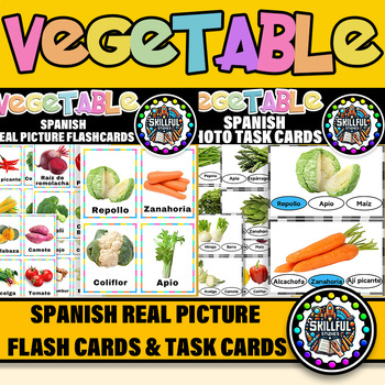 Preview of Spanish Vegetable Functional Reading Task Cards & Vegetable Photo Flashcards