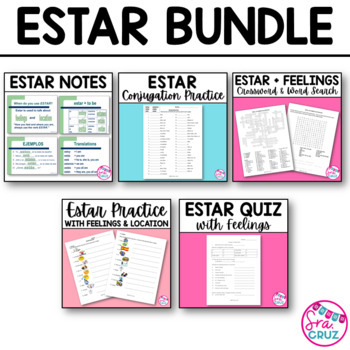 Preview of Spanish Verb Estar Worksheets BUNDLE Notes Practice Activities Puzzles and Quiz