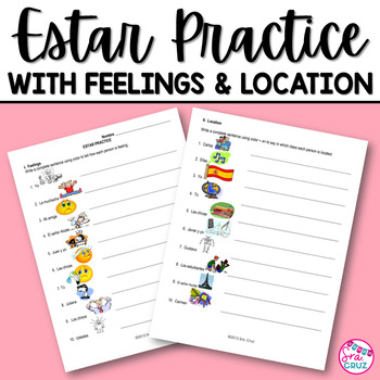 Preview of Spanish Verb Estar Practice Worksheets with Feelings and Location Vocabulary