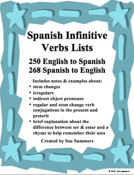 Preview of Spanish Verbs List Bundle 250 English to Spanish / 268 Spanish to English