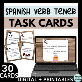 Preview of Spanish Verb Tener Task Cards Digital and Printables