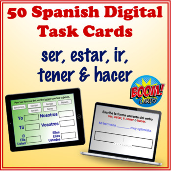 Preview of Spanish Verbs (ser, estar, ir, tener, hacer) Digital Task Cards (50 Boom Cards)