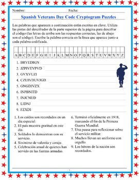 Preview of Spanish Veterans Day Code Cryptogram Puzzles (Dia de las veteranas) 20 Clues