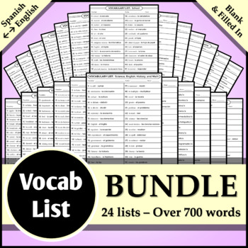 Preview of Spanish Vocab List Bundle - 24 Lists - Over 700 words!
