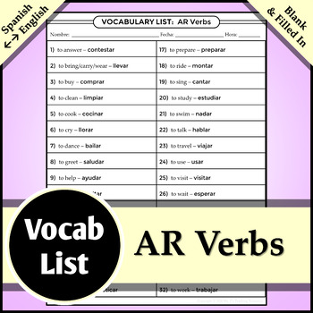 Preview of Spanish Vocab List - Regular -AR Verbs