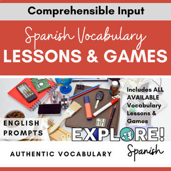 Preview of Spanish Vocabulary EDITABLE Lessons & Games Bundle (w/English student prompts)
