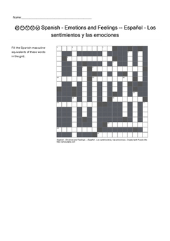 Spanish Vocabulary - Emotions and Feelings Crossword Puzzle by Puzzle Me