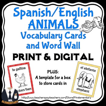 Preview of Spanish Animals Vocabulary Flashcards and Word Wall Digital and Printable