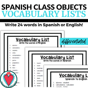 Preview of Spanish Classroom Objects Vocabulary Lists - School Supplies