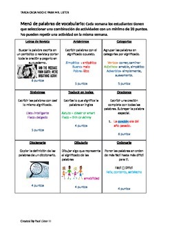 Preview of Spanish Vocabulary Menu de actividades para tarea o estaciones