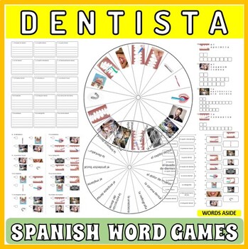 Preview of Spanish Vocabulary Writing Spelling Worksheets Cards Crossword Anagram DENTIST