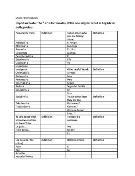 Preview of Spanish Vocabulary sheet/quiz for chapter 1b of Autentico level 1