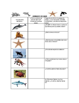 Preview of Speech Therapy Spanish Vocab w/ Questions: Ocean Animals/Animales del Océano