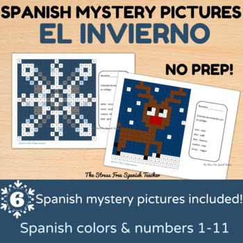 Preview of Spanish WINTER Color By Number Mystery Pictures Invierno NO PREP Worksheets