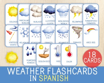 Preview of Spanish Weather Flashcards, 18 Cards, Spanish Vocabulary, Weather Words