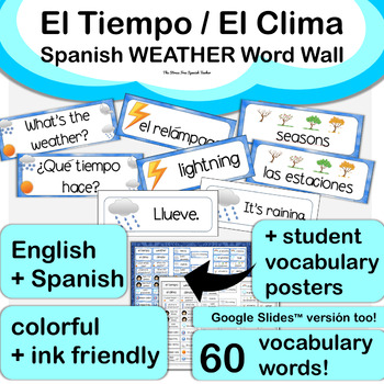 Preview of Spanish Weather Tiempo Clima WORD WALL Dual Language Classroom Signs Posters