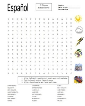 Spanish Weather Word Search Puzzle And Vocabulary El Tiempo By Sue Summers