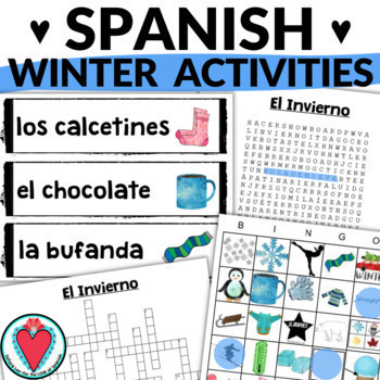 Preview of Spanish Winter Activities Bundle - Winter Vocabulary Words Games, Worksheets