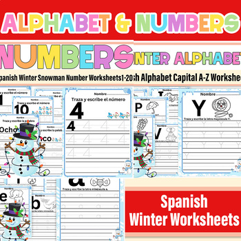 Preview of Spanish Winter Alphabet & Numbers Worksheets | Theme Winter Trace, Write Bundle