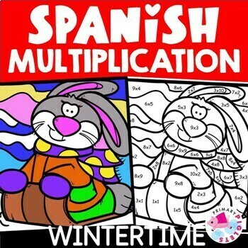 Preview of Spanish Winter Color by Number Code Multiplication Facts Practice Coloring Pages