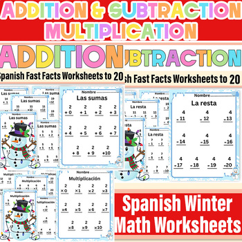Preview of Spanish Winter Math Addition, Subtraction & Multiplication within 20 Worksheets