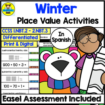 Preview of Spanish Winter Place Value Math Activities and Digital Assessment