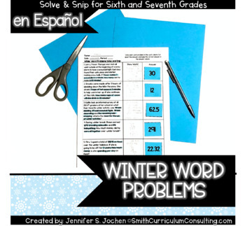 Preview of Winter Math Activity | Spanish Word Problems | Solve and Snip® | Math Center