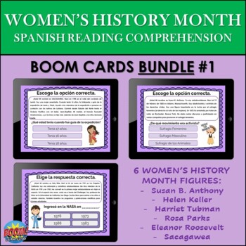 Preview of Spanish Women's History Reading Comprehension BOOM CARDS BUNDLE #1