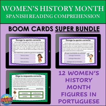 Preview of Spanish Women's History Reading Comprehension BOOM CARDS SUPER BUNDLE