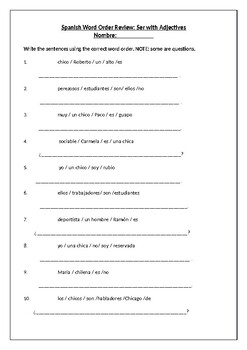 Preview of Spanish Adjective Placement Word Order Worksheet (Basic Sentences with Ser)