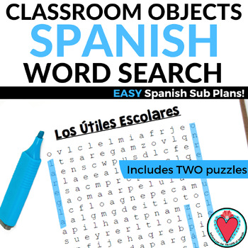 Preview of Spanish Classroom Objects Vocabulary Word Search - Easy Spanish Sub Plans