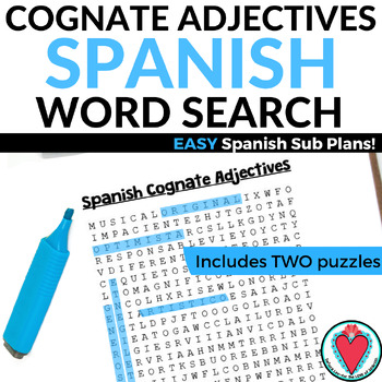 Preview of Spanish Cognates Adjectives Worksheet Word Search Spanish 1 Vocabulary Sub Plans