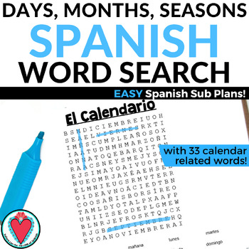 Preview of Spanish Days of the Week Word Search - Calendar Vocabulary Worksheet Sub Plans