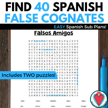 Preview of Spanish Word Search Activity False Cognates Vocabulary Spanish Worksheet