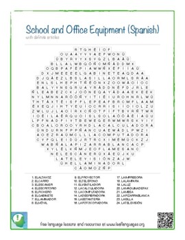 spanish word search school and office equipment with definite articles