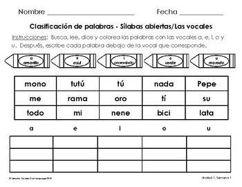 Spanish Word Sorts for Unit 1 of 2nd Grade Calle de la Lectura | TpT