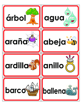 Spanish Word Wall A-Z word cards with pictures & Red border (Gomez ...