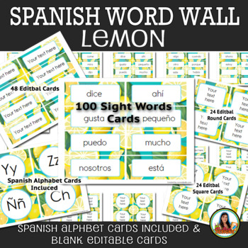 Preview of Spanish Word Wall Lemon Theme Classroom Decor, Word Cards & Alphabet