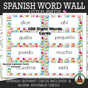 Preview of Spanish Word Wall Little Bird Themed Classroom Decor, Word Cards & Alphabet