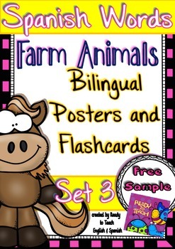 Preview of Spanish Words - Posters and Flashcards - (Farm Animals/ Bilingual) - Set 3 FREE