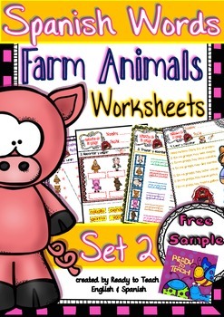Preview of Spanish Words - Worksheets - (Farm Animals) - Set 2 FREE