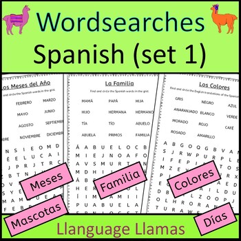 Spanish Wordsearch Set 1 - meses días colores familia mascotas | TPT