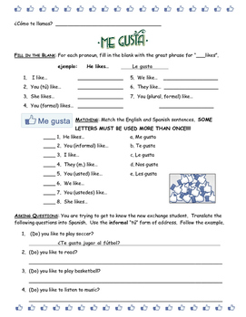 Spanish Worksheet--Choosing "Me, Te, Les, Nos" or "Les" with Gustar