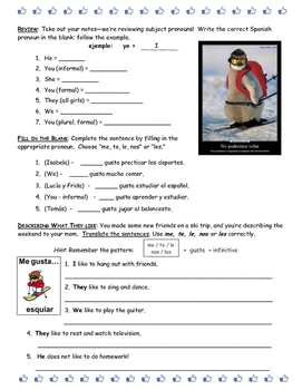 Spanish Worksheet--Choosing "Me, Te, Les, Nos" or "Les" with Gustar