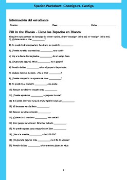 Preview of Spanish Worksheet: Conmigo vs. Contigo - Learn to Use These Pronouns Correctly!