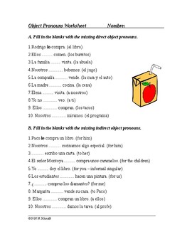 Spanish Direct and Indirect Object Pronouns Handout + Worksheet
