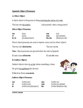 Preview of Spanish Direct and Indirect Object Pronouns Handout + Worksheet (Pronombres)