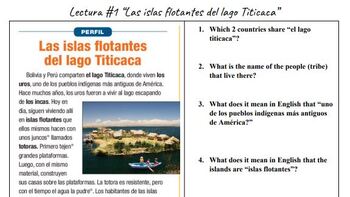 Preview of Spanish Worksheet El lago titicaca - Intermediate Spanish - Peru - Bolivia